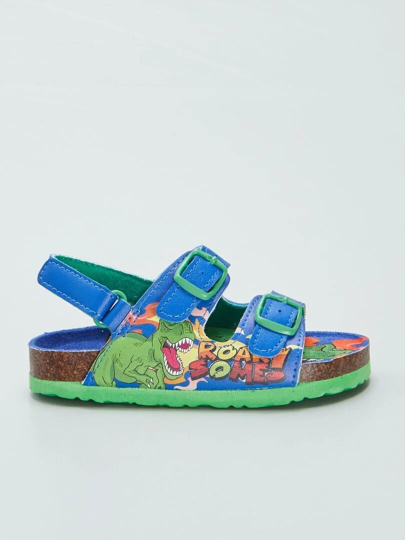 SANDALIAS CON DOS HEBILLAS ESTAMPADO DINOSAURIO  AZUL