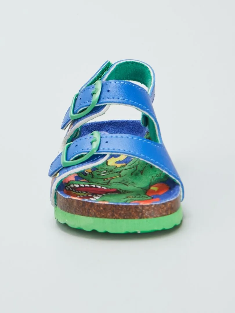 SANDALIAS CON DOS HEBILLAS ESTAMPADO DINOSAURIO  AZUL