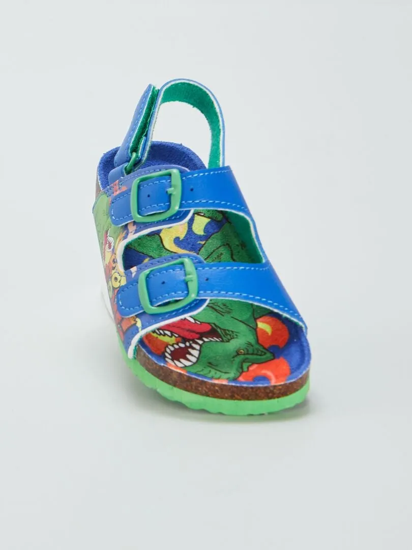 SANDALIAS CON DOS HEBILLAS ESTAMPADO DINOSAURIO  AZUL