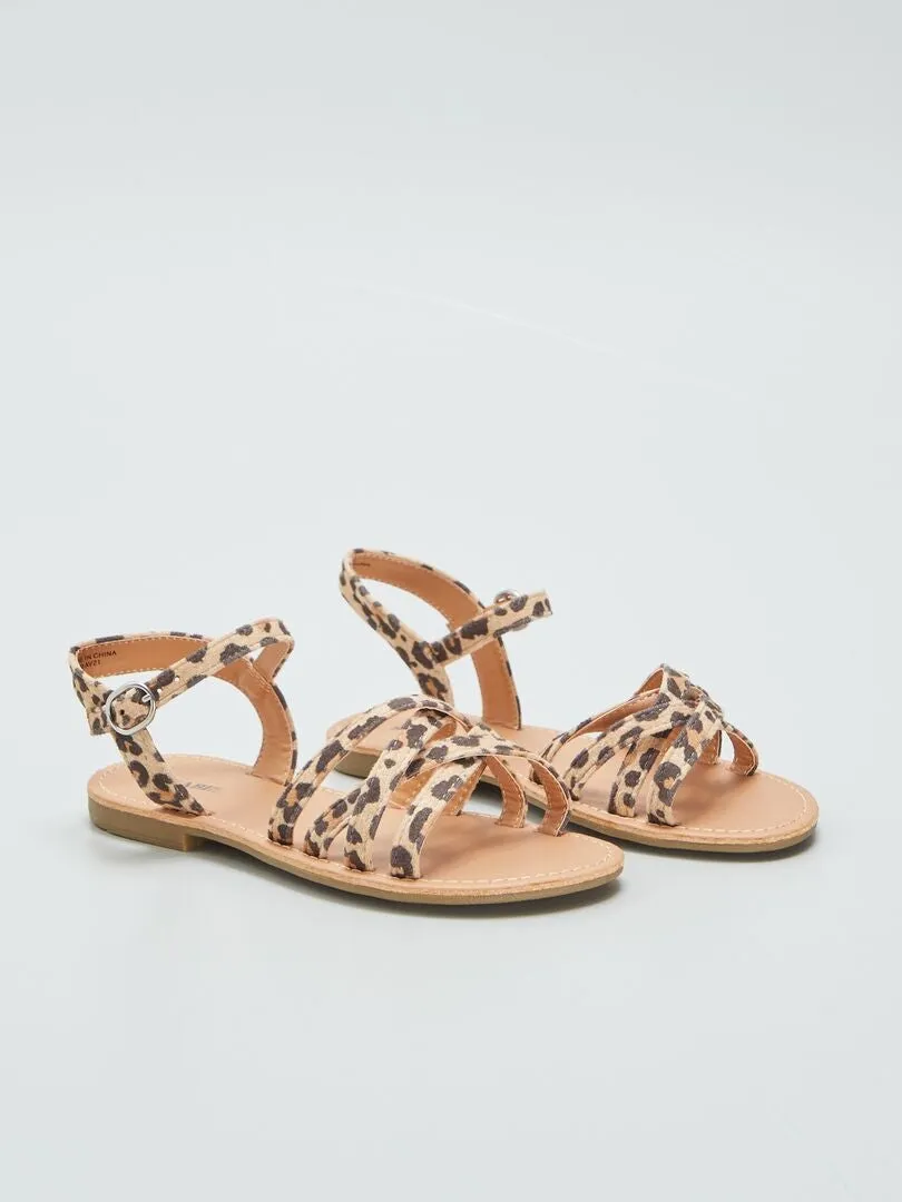 SANDALIAS DE TIRAS CRUZADAS  ESTAMPADO DE LEOPARDO  MARRON