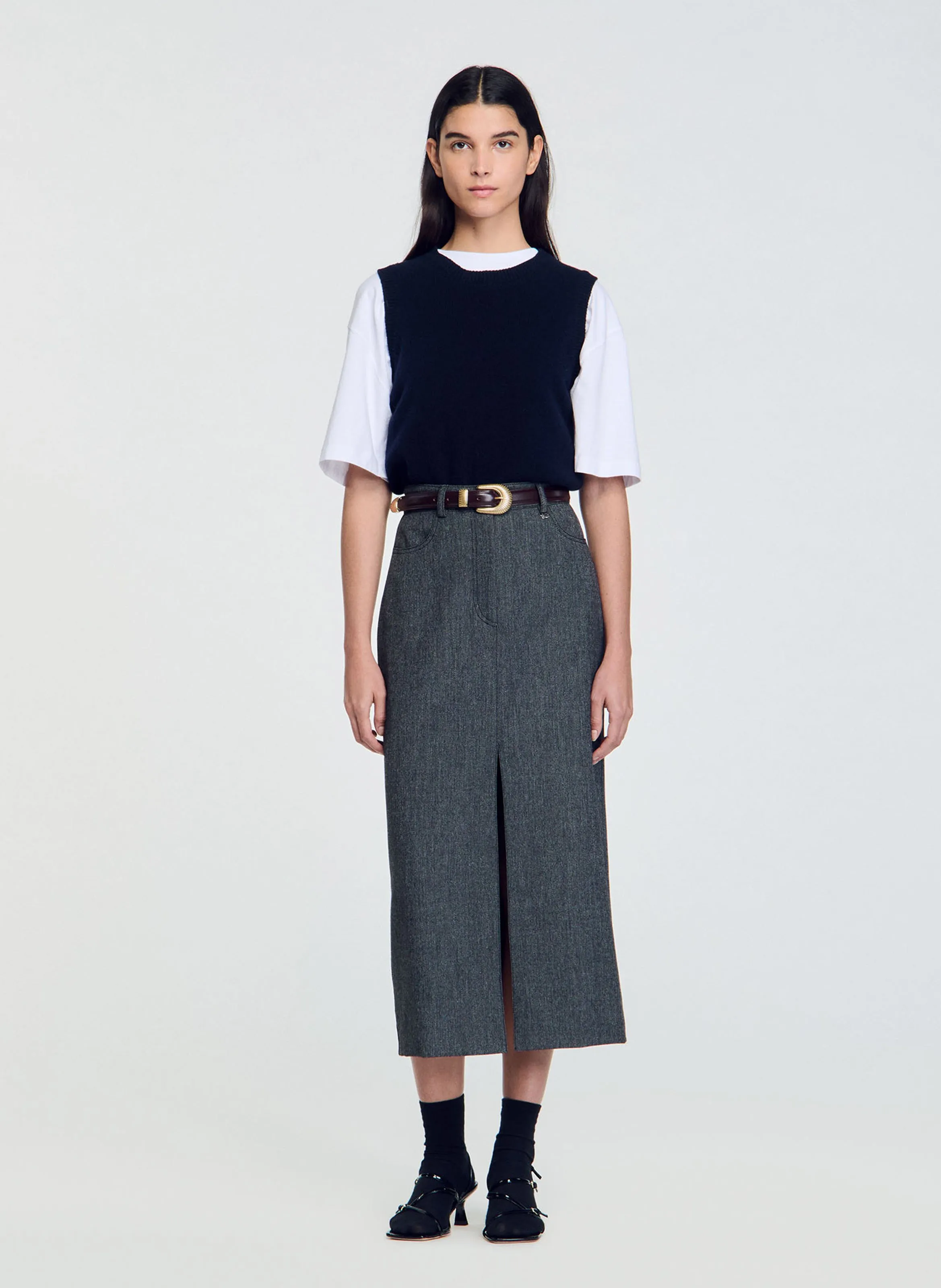 SANDRO Falda midi con abertura en gris