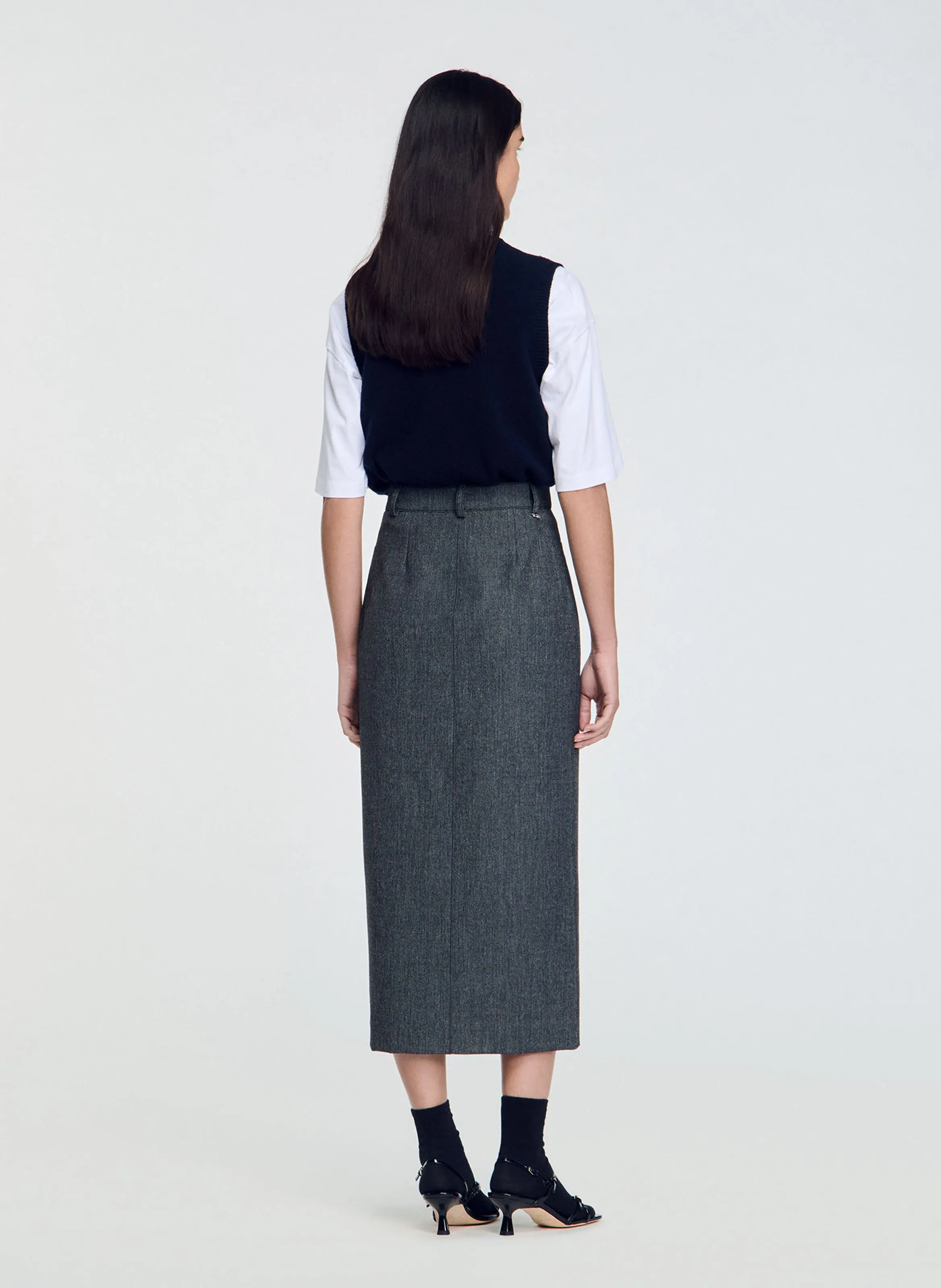 SANDRO Falda midi con abertura en gris