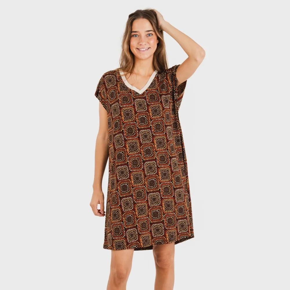 Vestido corto manga fluida crepe Liviana teja