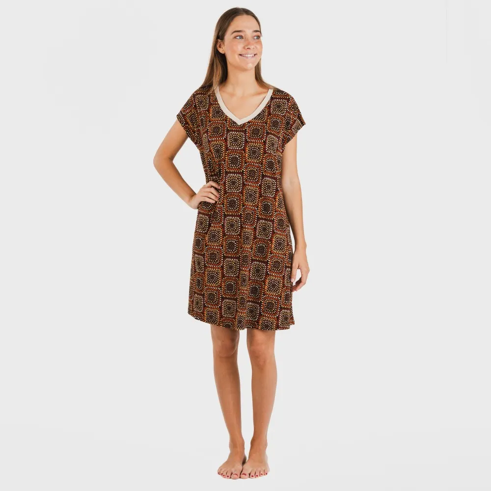 Vestido corto manga fluida crepe Liviana teja