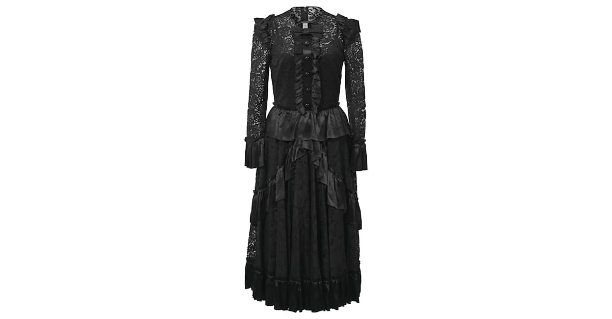 Vestido midi de encaje negro con detalle de lazo y volantes de Dolce & Gabbana en poliamida 