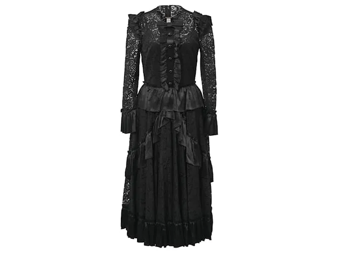 Vestido midi de encaje negro con detalle de lazo y volantes de Dolce & Gabbana en poliamida 
