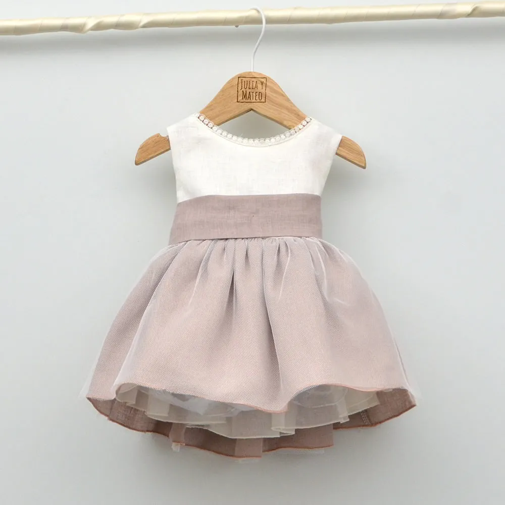 Vestido nia tul y lino Isabel con adorno floral