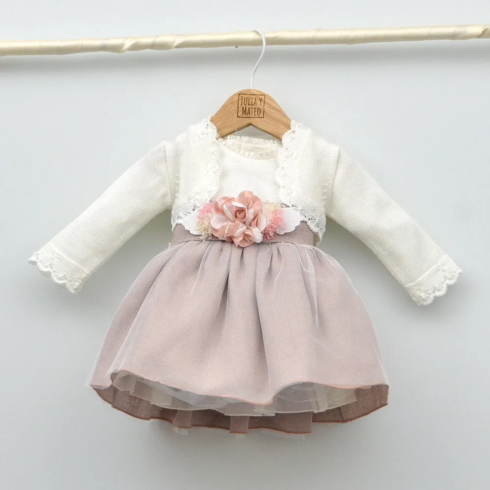 Vestido nia tul y lino Isabel con adorno floral