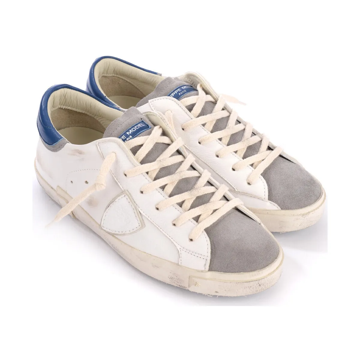 Zapatilla  Paris X en cuero blanco y azul